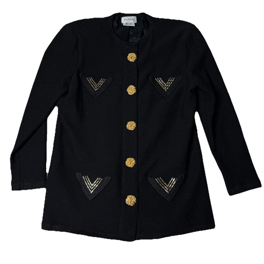 VTG St. John Knit Button Jacket Blazer Lined Black Wool 80s Gold Women's Size L